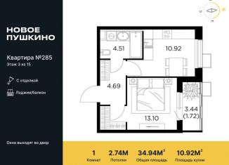 Продажа 1-комнатной квартиры, 34.9 м2, Московская область, микрорайон Новое Пушкино, к27