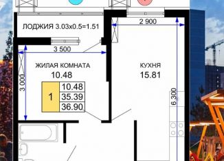 Однокомнатная квартира на продажу, 37.5 м2, Краснодар, ЖК Фонтаны