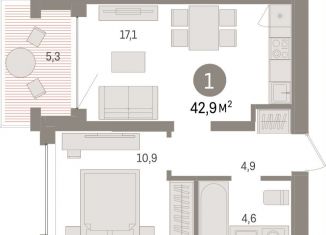 1-комнатная квартира на продажу, 42.9 м2, Тюмень, улица Муравленко, 9к3