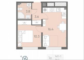 Однокомнатная квартира на продажу, 34.1 м2, посёлок Шушары