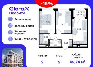 Двухкомнатная квартира на продажу, 46.7 м2, Татарстан