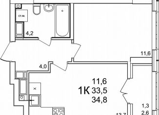 1-комнатная квартира на продажу, 34.8 м2, деревня Анкудиновка, ЖК КМ Анкудиновский Парк