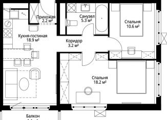Продам двухкомнатную квартиру, 59.5 м2, деревня Сапроново, микрорайон Купелинка, 7, ЖК Эко Видное 2.0
