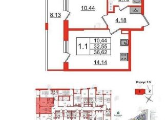 Продам 1-комнатную квартиру, 32.6 м2, Санкт-Петербург, метро Парнас