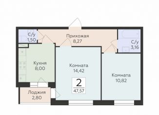 Продаю двухкомнатную квартиру, 47.6 м2, Воронеж