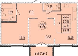 Продам 2-ком. квартиру, 62.8 м2, посёлок Шушары