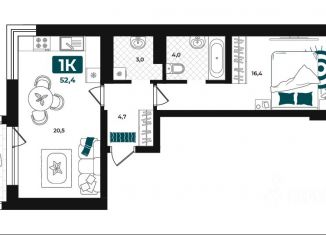 Продаю 1-ком. квартиру, 52.4 м2, Тюмень