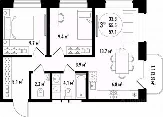 Продаю 3-ком. квартиру, 57.1 м2, Астрахань, Ленинский район