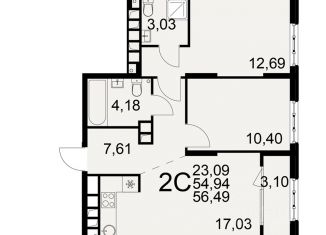 Продается 2-ком. квартира, 54.94 м2, Рязань