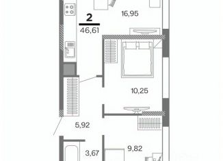 Продам 2-ком. квартиру, 46.11 м2, Рязань, Московский район