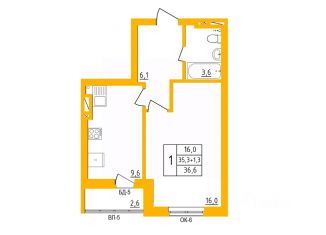 1-ком. квартира на продажу, 36.3 м2, Уфа