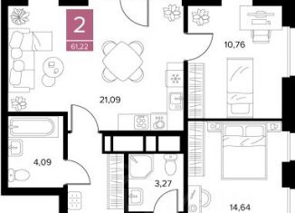 Продам 2-ком. квартиру, 61.22 м2, Рязань