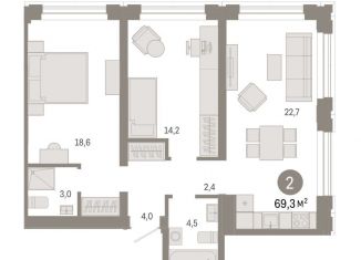 2-комнатная квартира на продажу, 69.3 м2, Тюмень, ЖК Речной Порт