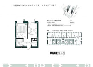 1-комнатная квартира на продажу, 32.1 м2, Астрахань, Трусовский район, улица Капитана Краснова, 23