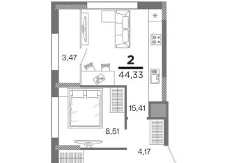 Продаю двухкомнатную квартиру, 44.3 м2, Рязань