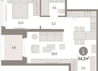 Продажа 1-комнатной квартиры, 54.3 м2, Тюмень