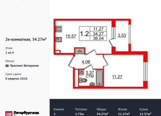 Продам 1-ком. квартиру, 34.3 м2, посёлок Стрельна