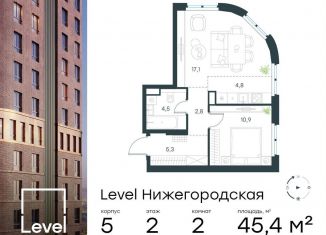 Продам 2-комнатную квартиру, 45.4 м2, Москва, метро Нижегородская, жилой комплекс Левел Нижегородская, 3