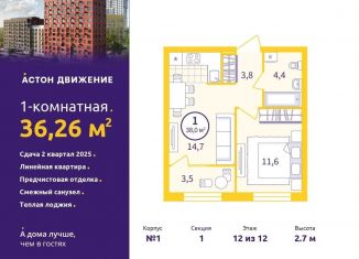 1-комнатная квартира на продажу, 36.3 м2, Екатеринбург, Проходной переулок, 1А