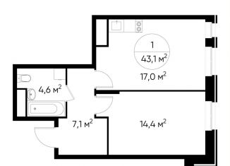 Продается 1-комнатная квартира, 43.1 м2, Москва