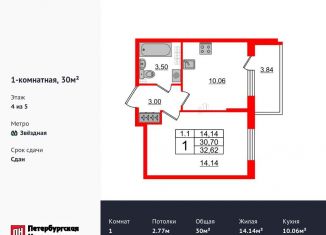 Продается 1-комнатная квартира, 30 м2, Санкт-Петербург, Пулковское шоссе, 95к3