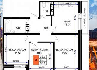 Продам 3-комнатную квартиру, 65.9 м2, Краснодар, улица Лётчика Позднякова, 2к10, ЖК Дыхание