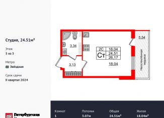 Продам квартиру студию, 23.9 м2, Санкт-Петербург, Пулковское шоссе, 95к3, муниципальный округ Пулковский Меридиан