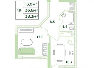 Продается 1-комнатная квартира, 38.3 м2, село Мирное