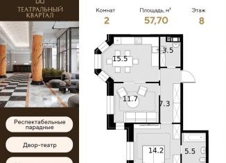 Двухкомнатная квартира на продажу, 57.7 м2, Москва, СЗАО, улица Расплетина, 2к1