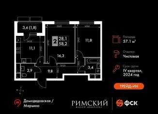 Двухкомнатная квартира на продажу, 57.1 м2, посёлок Развилка, Римский проезд, 13