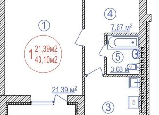 Продается 1-комнатная квартира, 43.1 м2, Уфа, улица Лётчиков, 1/9