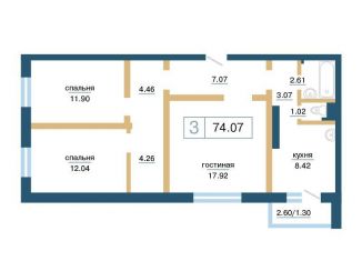 Трехкомнатная квартира на продажу, 74.1 м2, Красноярск, Советский район