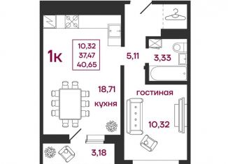 Продается 1-комнатная квартира, 40.7 м2, Пенза, улица Баталина, 31