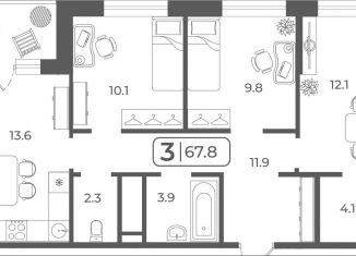 Продается трехкомнатная квартира, 67.8 м2, Тюмень, ЖК Кватро