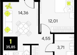 1-ком. квартира на продажу, 35.9 м2, Тюмень, Калининский округ, улица Первооткрывателей, 13