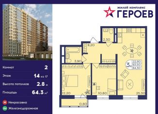 Продажа 2-комнатной квартиры, 64.3 м2, Балашиха