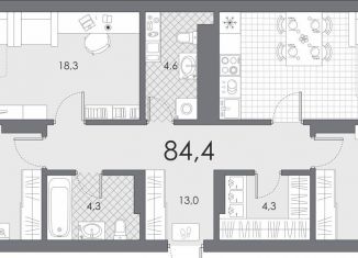 3-комнатная квартира на продажу, 84.4 м2, Тюмень