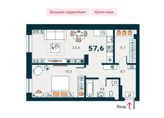 Однокомнатная квартира на продажу, 57.6 м2, Тюмень