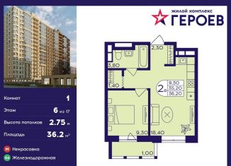 Продаю однокомнатную квартиру, 36.2 м2, Балашиха, ЖК Героев