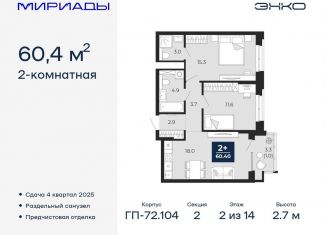 Продам двухкомнатную квартиру, 60.4 м2, Тюмень