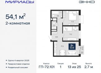 2-ком. квартира на продажу, 54.1 м2, Тюмень