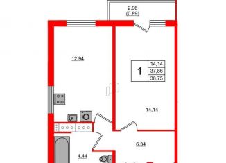 Продам 1-ком. квартиру, 37.9 м2, Мурино, Графская улица, 6к3