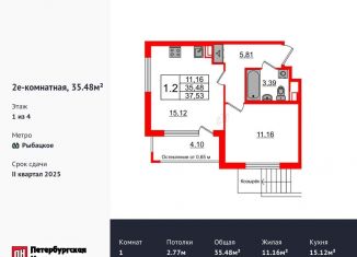 Продаю 1-ком. квартиру, 35.5 м2, посёлок Шушары