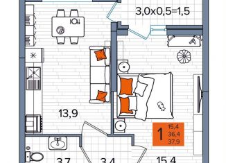 Продается однокомнатная квартира, 37.9 м2, Краснодарский край