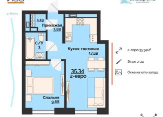 Продаю 2-комнатную квартиру, 35.3 м2, Ульяновск, жилой комплекс Акварель, 4