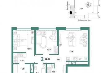 Продается 2-ком. квартира, 58.8 м2, Тюмень, Береговая улица