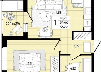 Продам однокомнатную квартиру, 36.9 м2, поселок Южный, Екатерининская улица, 3к2