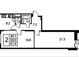 Продам двухкомнатную квартиру, 61.4 м2, Домодедово