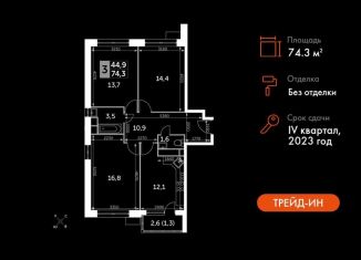 3-комнатная квартира на продажу, 74.3 м2, Московская область, улица Полковника Романова, 11