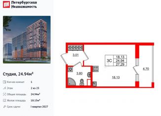 Квартира на продажу студия, 24.9 м2, деревня Новосаратовка